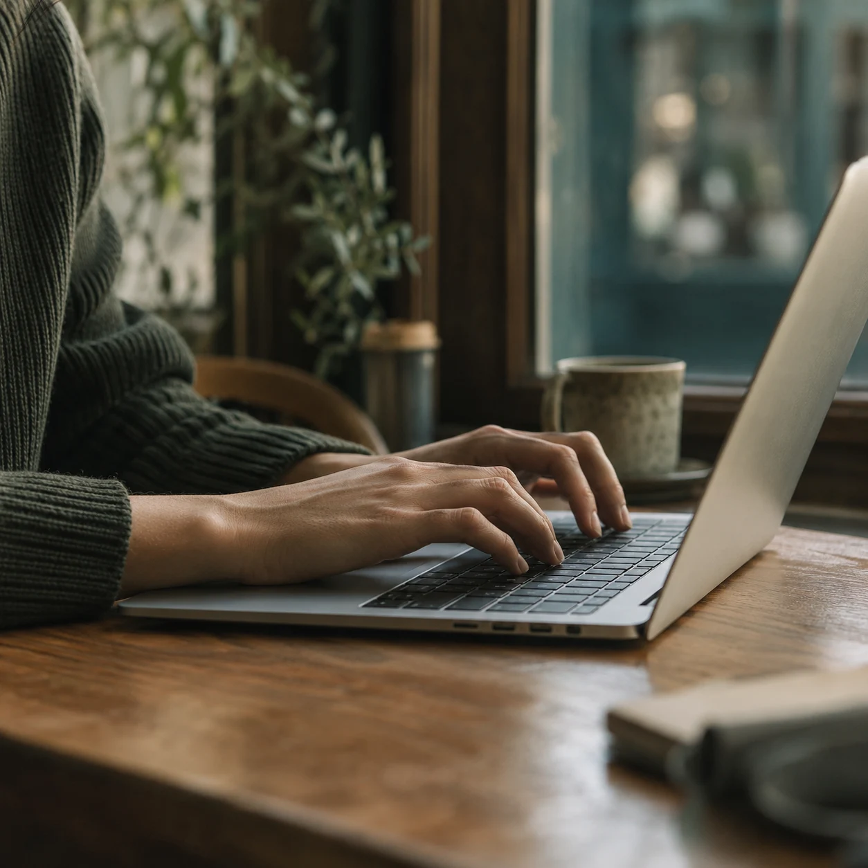 Hands typing on a laptop